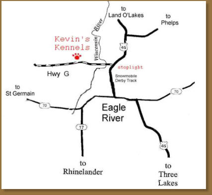 Map with Eagle River and Kevin's Kennels for directions