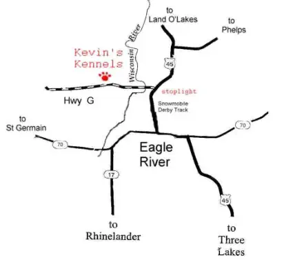 Map with Eagle River and Kevin's Kennels for directions